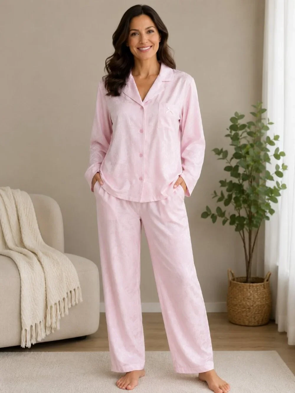NEW Miss Elaine 2 Pc Pajama Set Pink Jacquard Paisley XL